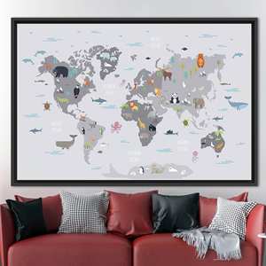 Lienzo impreso: elegante decoración de pared para niños, mapa educativo, 1 pieza: con marco negro - Product Image 1