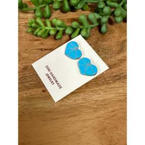 Karen Lalio Turquoise & Sterling <b>Silver</b> Inlay Heart <b>Stud</b> Earrings with Diamond and Pearl Religious Style Number Pattern - Product Image 4