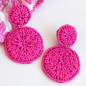 Boucles d'oreilles Double disque à clairon rose et perle de rocaille faites à la main Design élégant audacieux déclaration balancent des gouttes de mode pour les filles - Product Image 5