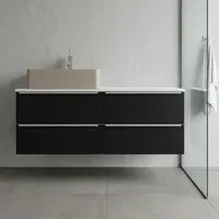 Élégante Vanité Murale de Salle de Bain 100% Fabriquée en Italie en Chêne Foncé avec 4 Tiroirs, Plan de Travail Corian, Lavabo à Poser, Prête à l'emploi, Gain de Place, Finition Brossée