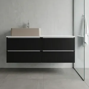 Elegante Mueble de Baño de Pared 100% Hecho en Italia, Roble Oscuro, 4 Cajones, Encimera de Corian, Listo para Lavabo Tipo Vessel, Ahorra Espacio, Acabado Cepillado - Product Image 1
