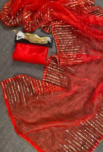 Tenue de fête de créateur lourd tenue unique Saree de travail brodé à double séquence sur organza avec tenue de chemisier lourd pour les femmes - Product Image 3