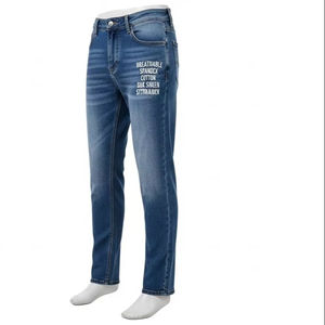 กางเกงยีนส์ผู้ชายผ้าเดนิมผสมสแปนเด็กซ์และผ้าฝ้าย ระบายอากาศได้ดี พิมพ์ลายซิลค์สกรีน ยืดหยุ่น สวมใส่สบาย เหมาะสำหรับใส่ในชีวิตประจำวัน ขายส่งเพื่อการส่งออก - Product Image 2