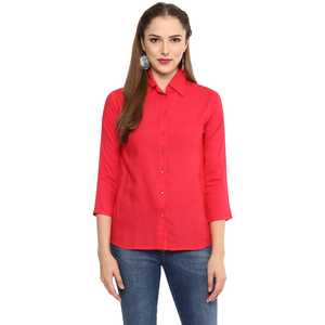 Elegante Camisa Casual de Rayón Rosa Sólido para Mujer con Cuello y Mangas Tres Cuartos Diseñada para un Uso Diario Cómodo en la Oficina - Product Image 1