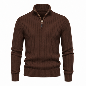 Pull en tricot côtelé pour homme avec fermeture à zip 1/4, couleur unie, vêtement d'automne - Product Image 1