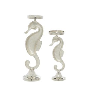 Lot de 2 bougeoirs hippocampe en aluminium argenté Bougeoirs décoratifs à thème nautique pour décoration côtière et plage - Product Image 2