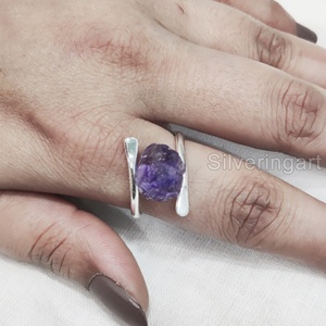 Wholesaler Rough Stone Jewelry Women's <b>Ring</b> Natural Raw <b>Amethyst</b> Gemstone Feb Birthstone Cross Band 925 Sterling Silver <b>Ring</b> - Product Image 4