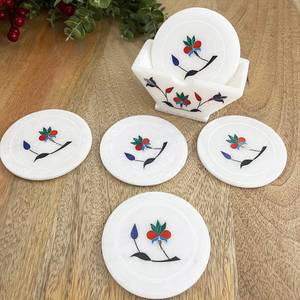 Posavasos Cuadrados de Mármol Blanco Hechos a Mano con Incrustaciones Metálicas de 4x4 Pulgadas, Juego de 6 Posavasos con Soporte - Product Image 2