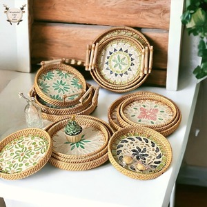 ถาดรองเสิร์ฟพร้อมหูจับถาดรองแก้วหวายทรงกลมสำหรับตกแต่งอาหารเช้าขนมไหว้พระแม่มุกอิสลามถาดวางโต๊ะ - Product Image 5