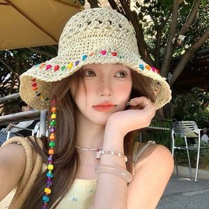 Chapeau de paille raphia pliable fait main perlé et coloré 2025 pour femme, protection solaire quotidienne pour la plage et l'extérieur - Product Image 4