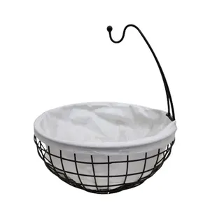 Cloth Iron & Wood Round Basket Mango Black Colour Wood Bread Basket And Fruit Basket Storage