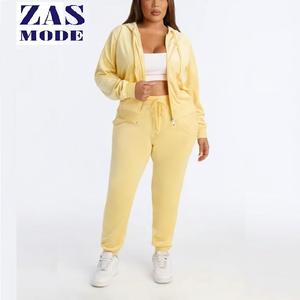 Nouvel ensemble de survêtement deux pièces personnalisé pour l'hiver, en velours éco-responsable, grande taille, séchage rapide, avec fermeture éclair et capuche, pour femme - Product Image 1