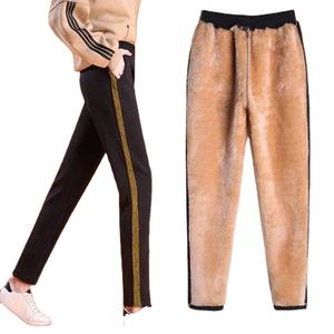 Pantalon cargo en molleton pour femme de bureau, taille haute, élastique, épais, noir, bordure dorée, pantalon long, grande taille - Product Image 1