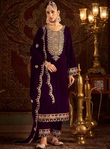 Terciopelo pesado con Secuencia de bordado Traje DE TRABAJO Secuencia de terciopelo Cording Bordado Trabajo superior e inferior con Dupatta - Product Image 3