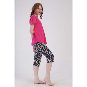 Conjunto de pantalón capri y top de cuello redondo KADIN P.SUPREM BATTAL XXL O YAKA KISA KOL ETEGI OVAL - FUSYA - FUSYA - Product Image 3