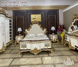 Juego clásico de cama y dormitorio pulido en oro blanco, lujosos muebles de dormitorio italianos de 5 piezas, juego de dormitorio de madera de teca de calidad superior - Product Image 2