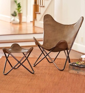 New Best Latest Design Leather and Iron Design Leather Butterfly Chair Stool Set - Product Image 5