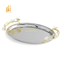 Plateau de service ovale de luxe en acier inoxydable avec poignées décoratives en forme de branche dorée, compatible lave-vaisselle, fait main pour buffet, mariage, fête