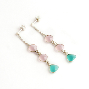 New Trendy Women Earrings 8mm Briolette Cut pink & Aqua Chalcedony Drop Earrings <b>Silver</b> Plated Link Chain Bezel <b>Stud</b> Earrings - Product Image 6