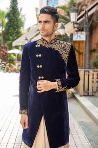 2022 elegante vestido Sherwani azul marino en tela de terciopelo dorado Zardozi bordado de talla grande zapatos transpirables a juego para bodas - Product Image 2