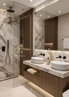 Mueble de Baño Moderno Flotante con Chapa de Madera, Espejo LED, Lavabo Doble y Encimera de Piedra Sólida