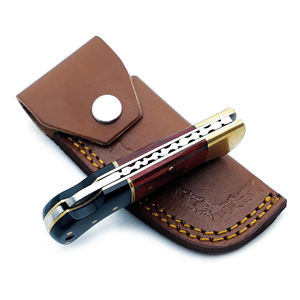 Handmade Damascus Steel EDC Pocket <b>Knife</b> Red Black Pakka Wood Back <b>Lock</b> Folding <b>Knife</b> with Leather Sheath for Outdoor Camping - Product Image 2