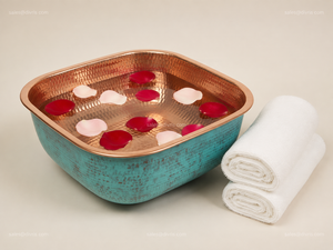 Handcrafted Copper Pedicure Bowl With Hammered Texture <b>Teal</b> Exterior For Spa Use - Product Image 6