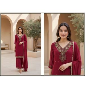 Meilleurs kurtis palazzo en georgette avec broderie lourde pour tenue de fête festive pour femmes, mariage et tenue traditionnelle indienne à bas prix - Product Image 4