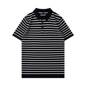 Polo de Punto a Rayas para Hombre, Manga Corta, Casual, Patrón Blanco y Negro, Corte Regular - Product Image 1