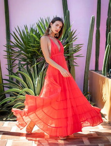 Women's Eco-Friendly Boho Ruffled Maxi Dress with Sashes Deep V-Neck Long Sleeve Flowy Summer Beach Wear in Vibrant Red - Product Image 4