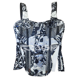 Corset tendance gothique et mode Halloween avec imprimé crâne noir et blanc sublime, empiècements en maille et fente sur les hanches - Product Image 1