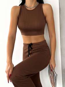 Ensembles de mode personnalisés pour femmes été automne 2024 haut court sans manches et pantalons longs tenues décontractées pour dames noir - Product Image 2