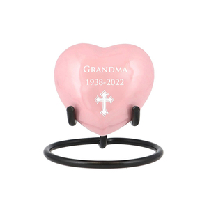 Personalized Heart Shaped <b>Urn</b> Pink Polyresin Grandma 1938-2022 Engraved Cross Memorial Keepsake - Product Image 4