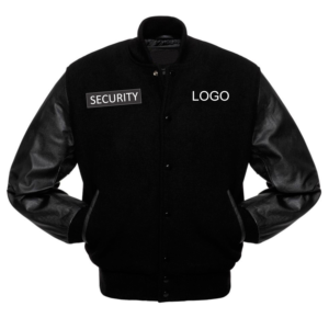 Chaqueta universitaria con mangas de cuero y lana negra personalizada de seguridad unisex, estilo Letterman para hombre, talla XL para invierno - Product Image 1