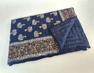 Gold Floral Razai Quilt Queen Size Organic Cotton <b>Blanket</b> Rajasthani Block Print Style - Product Image 6