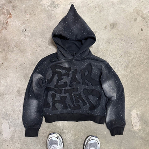 High Quality Men's Customizable 100% Cotton <b>Rhinestone</b> Streetwear Hip Hop Oversized Pullover Hoodie Waterproof Breathable <b>Fabric</b> - Product Image 4