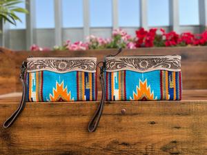 New Western Style Hand Tooled Leather Saddle Blanket Wristlet Clutch Hot Sale Hand Tooled Stitched Turquoise <b>Purse</b> Women Wallets - Product Image 5