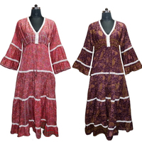 Robe Saree Bohème en Soie Indienne Nouvelle Collection 2022 pour Femme, Imprimé Floral, Manches Longues, Décontractée, Boutonnée, Vente en Gros