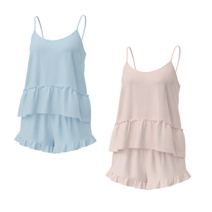 Women Elastic Waist Satin Ribbed Knit Ruffle Hem V-neck Camisole Shorts Set Loose Fit Casual Luxury <b>Pajama</b> Lounge Wear Sleepwear - Product Image 1