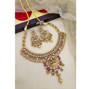 Conjunto étnico de collar de templo chapado en oro de alta calidad con pendientes para colección de ropa de boda para mujeres y niñas - Product Image 1