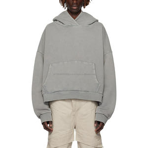 Sudadera con Capucha Corta y Holgada para Hombre, con Logotipo Personalizado, Lavado Ácido, 500 g/m², Alta Calidad, Negra, Desgastada, 2026 - Product Image 4