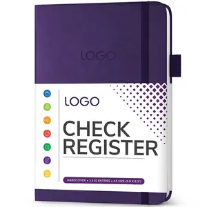 紫色标志印在封面聚氨酯材料A5精装支票登记簿上，带口袋，用于存放支票和收据