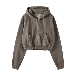 360 grammes polaire fermeture éclair coton fait à capuche femmes mode sweats à capuche fermeture éclair veste couleur unie teint tenue décontracté sweat à capuche court - Product Image 4