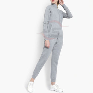 Survêtements d'hiver décontractés grande taille pour femmes coupe régulière 100% coton polaire ensemble long 2 pièces avec motif solide col montant - Product Image 2