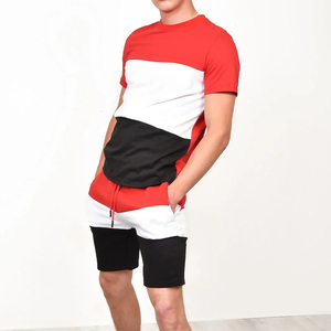 Conjunto de Camiseta de Manga Corta para Hombre con Bloques de Color Rojo, Blanco y Negro, Informal, Transpirable, de Verano, Tejido de Poliéster y Algodón - Product Image 4