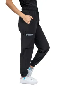 Women Antifluid Black Scrub Set With Round Neck Top And Stretch Jogger Pants Cargo Pockets Custom