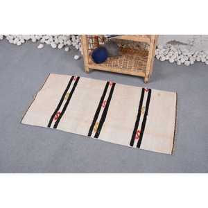 Alfombra Turca Pequeña de 1.7x3.3 pies, Alfombra de Lana Vintage Kilim Beige con Diseño Floral - Product Image 3