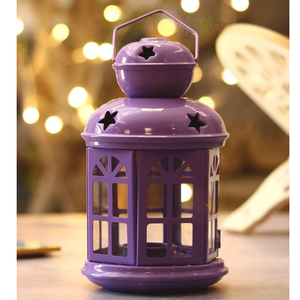 โคมไฟแขวนขนาดเล็กลวดลายโลหะสีสันสดใสกรอบเหล็กกรอบแก้วตกแต่งบ้านสวนโถเทียนสีฟ้าตกแต่งรอมฎอน - Product Image 5