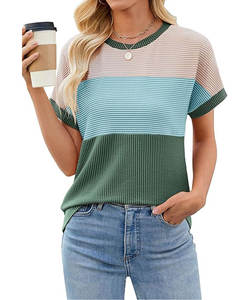 Femmes respectueux de l'environnement bloc de couleur mode à manches courtes col rond haut tricoté printemps été décontracté T-shirts amples - Product Image 5