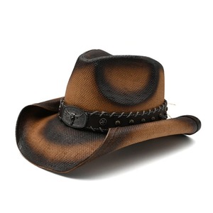 Retro Cabeza de Vaca cinturón de cuero de ala ancha al aire libre playa vaquero vaquera sombrero de Sol occidental para Mujeres Hombres Casual pintado paja dura - Product Image 1